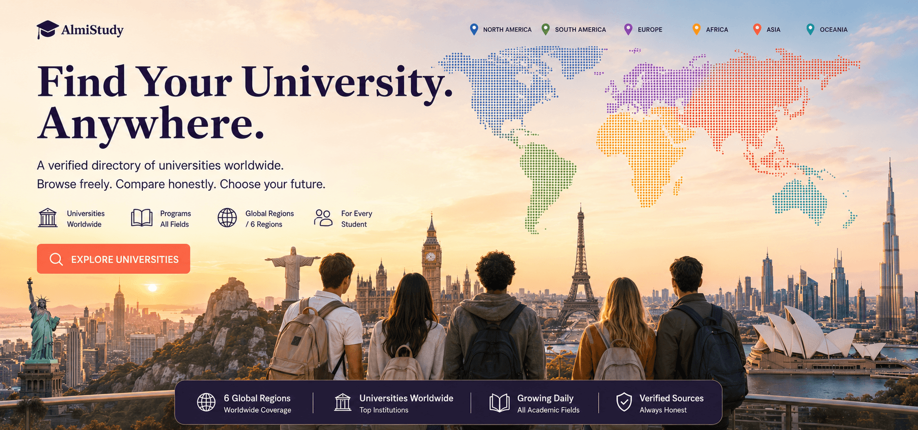 AlmiStudy: Find your university anywhere. A verified directory of universities worldwide across 6 global regions — North America, South America, Europe, Africa, Asia, Oceania. Built in the open.